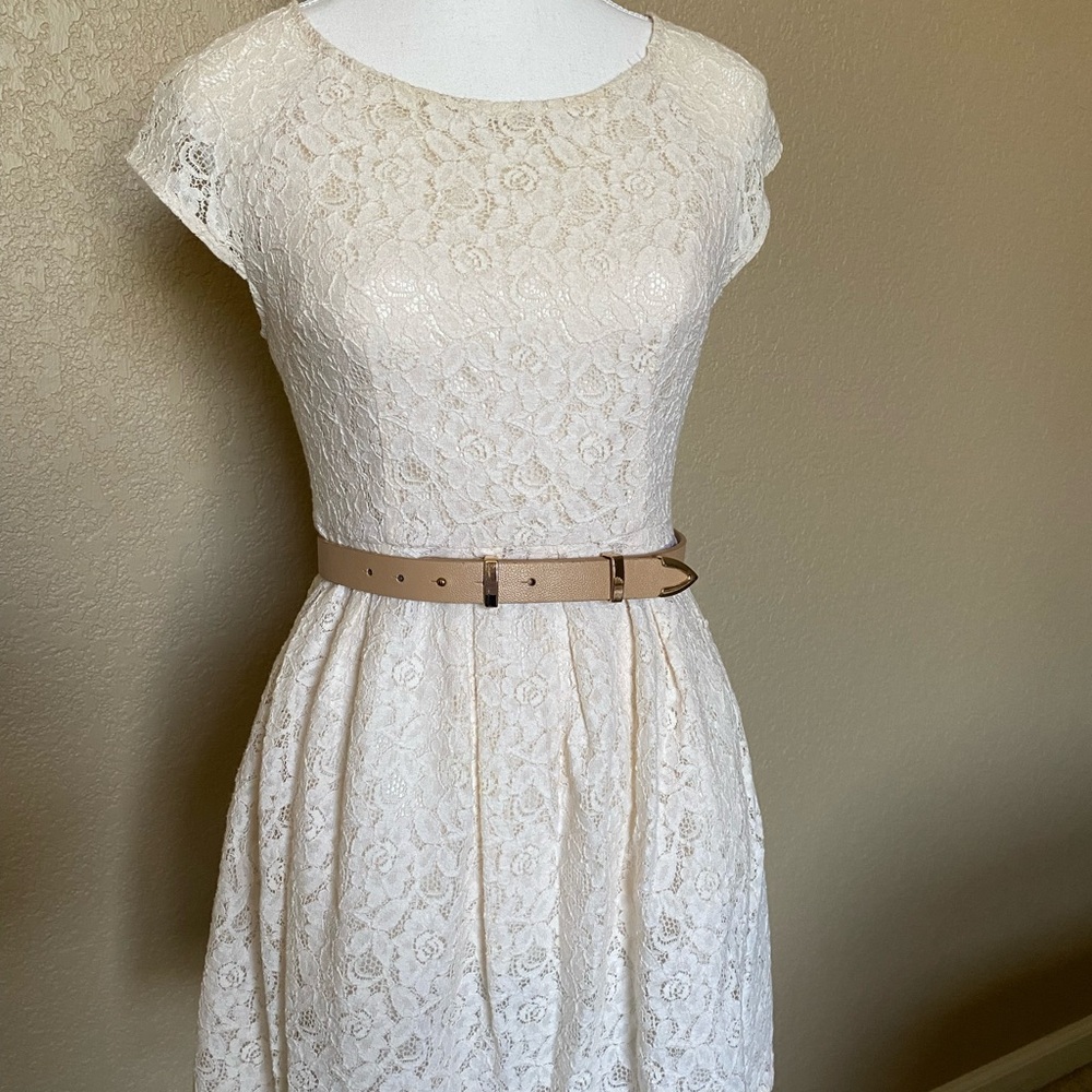 Forever 21 Cream A-Line Midi Dress with Flutter Sleeves